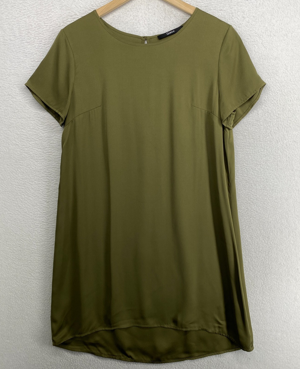 QUINCE Dress L Washable Stretch Silk Satin Tunic Shift Mini Back Keyhole Green